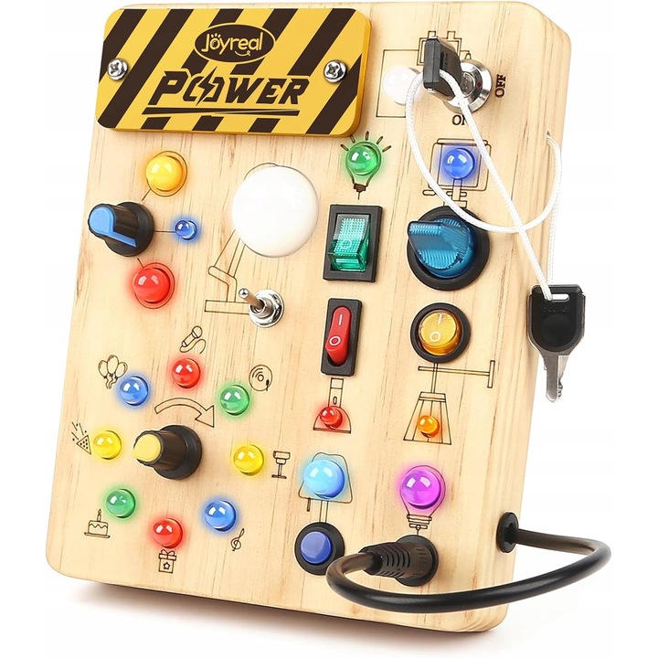 Panou educational din lemn cu 10 comutatoare si 19 LED-uri, senzorial, 1-3 ani, portabil