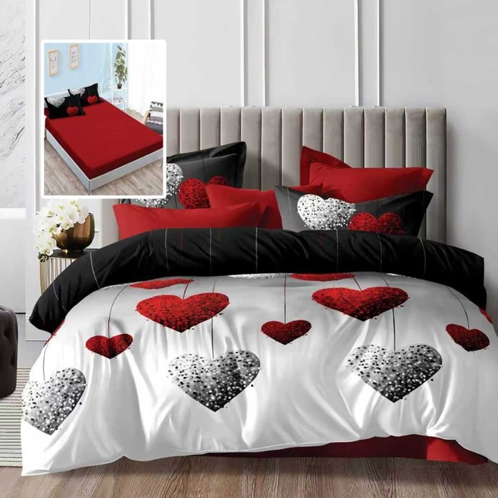 Lenjerie de pat dublu cu inimi, 6 piese, cearceaf de pat cu elastic 180x200cm, Lenjerii Deosebite