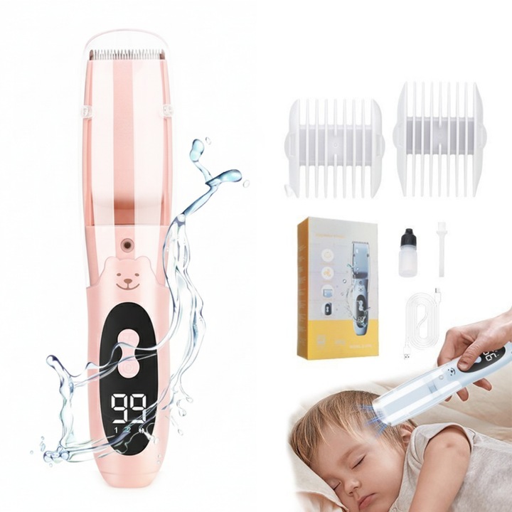 Aparat de Tuns pentru Bebelusi si Copii Wanty® 1200mAh, Masina de Tuns cu Functie de Aspirare a Parului, Usor de curatat, 2 Trepte de Viteza, Ultra Silentioasa, Lame ceramice Safe R, Taiere Precisa si Delicata, Rezistent la Apa, Roz