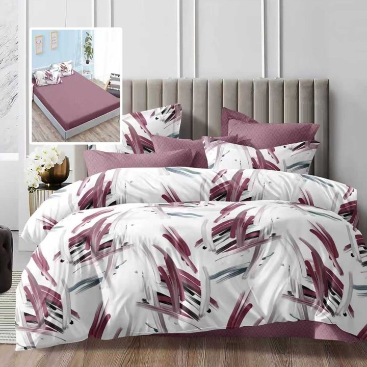 Lenjerie de pat dublu cu model abstract mov, 6 piese, cearceaf de pat cu elastic 180x200cm, Lenjerii Deosebite