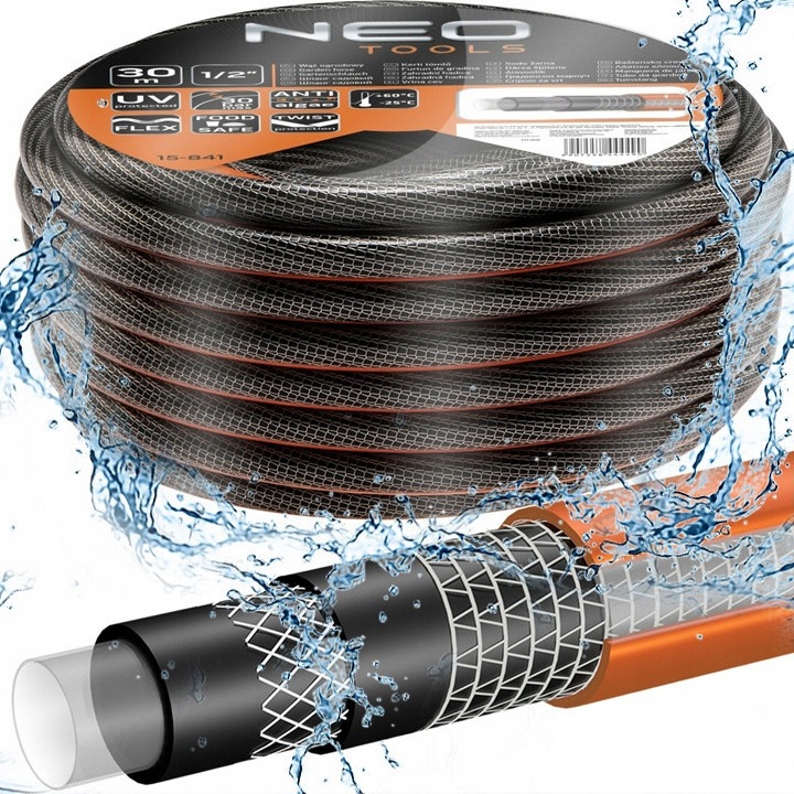 Градински маркуч, NEO Tools, 1/2", 30м, 6 слоя, гъвкав PVC, устойчив на UV лъчи
