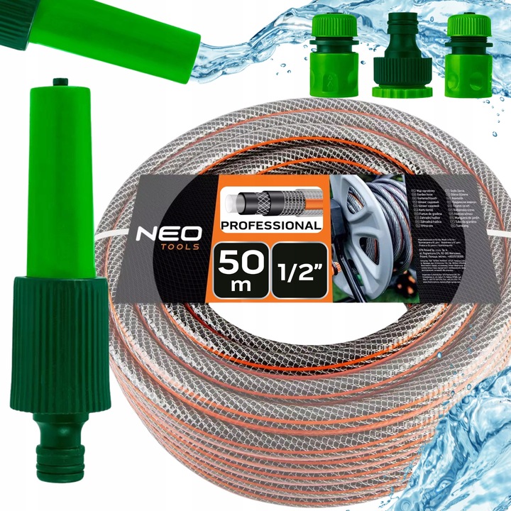 Kerti tömlő, NEO Tools, 50m, 1/2", 6 rétegű, komplett öntözőkészlet