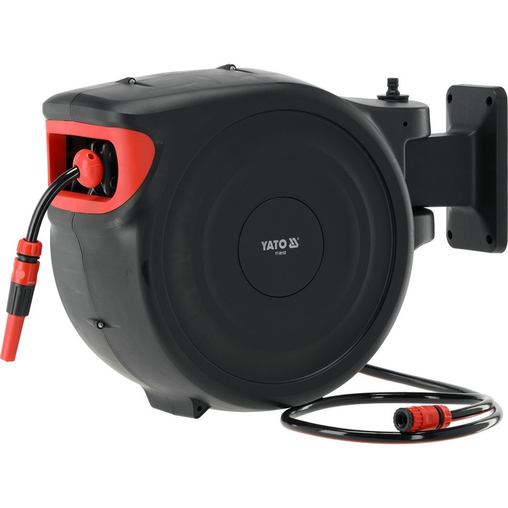 Градински маркуч 40м с автоматична макара, Yato, пълен комплект, монтиран на стена, многоцветен