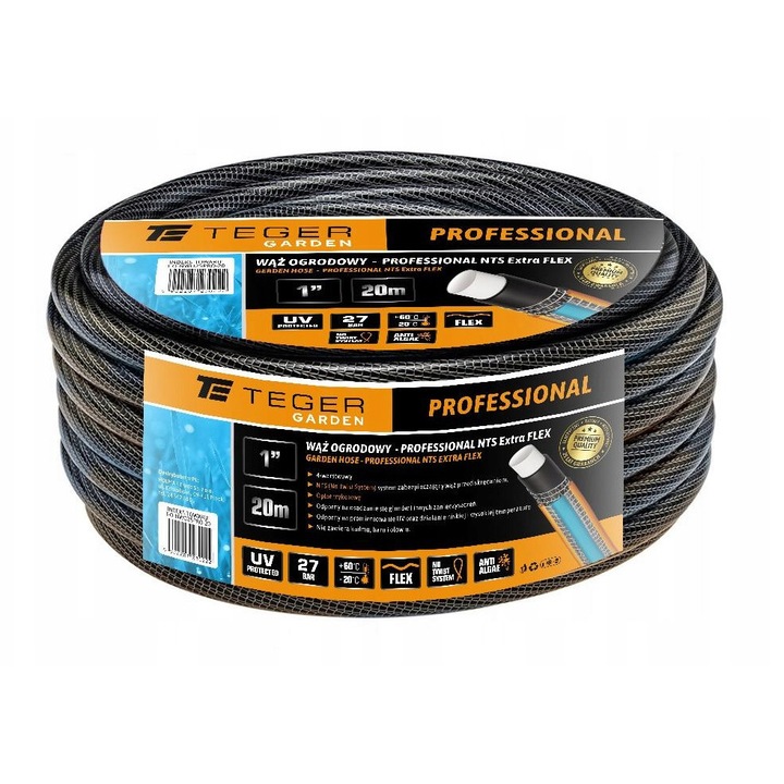 Teger 1" kerti tömlő, 20m, rugalmas PVC, UV-álló, professzionális