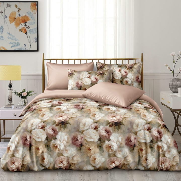 Lenjerie de Pat CHIRASO Satin Fin 4 Piese, Cearceaf Elastic 180x200cm, Husa Pilota 200x230cm, 2 Fete Perna 55x80cm, roz pudrat-crem