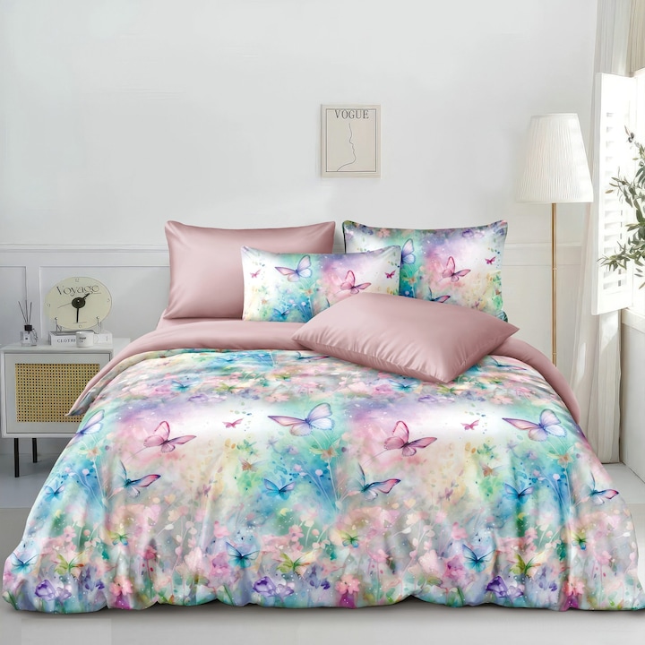 Lenjerie de Pat CHIRASO Satin Fin 4 Piese, Cearceaf Elastic 180x200cm, Husa Pilota 200x230cm, 2 Fete Perna 55x80cm, roz pudrat-albastru