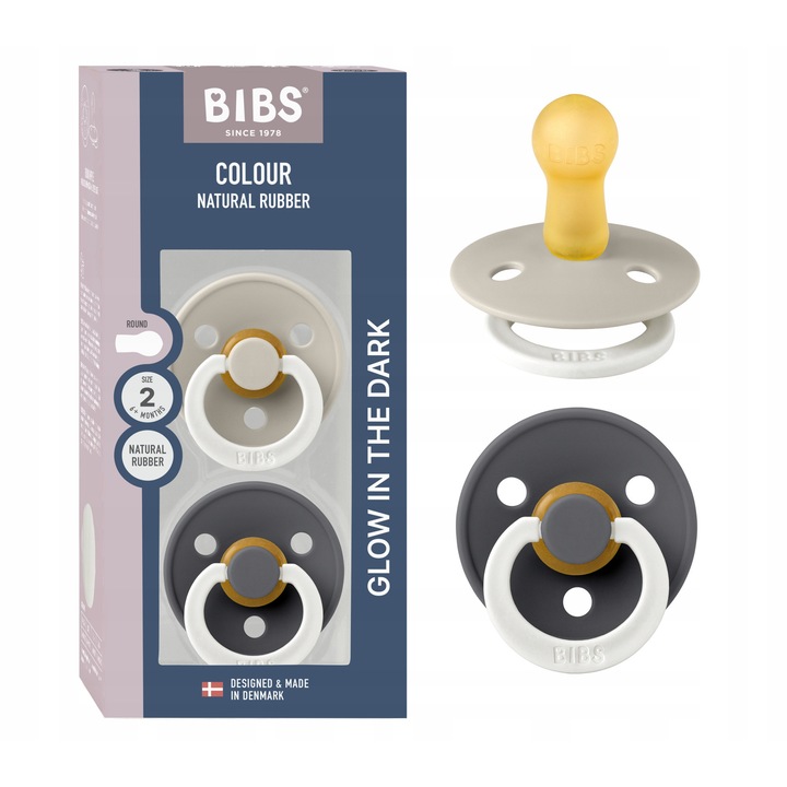 Set 2 suzetă BIBS Color, cauciuc natural, luminescent, 6-18 luni