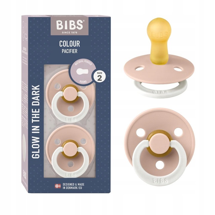 Set 2 suzete BIBS Colour Roz, cauciuc natural, luminează în întuneric, 6 luni+