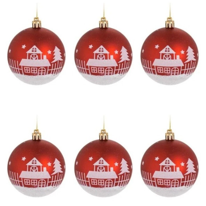 Set 6 Globuri de Crăciun AB Homes, Roșii cu Casuțe Ninse și Glitter, Ø8 cm