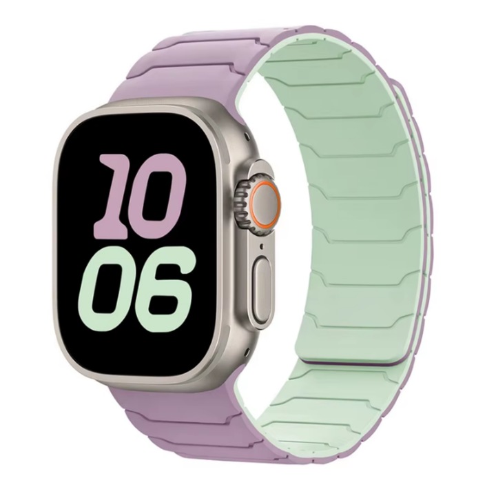 Curea Sport Premium din Silicon cu design tip Otel Inoxidabil. Compatibila cu Apple Watch Ultra/Ultra 2/Ultra 3/11/10/SE/9/8/7/6/5 (44/45/46/49 mm), Inchidere Magnetica, Confortabila si Eleganta, Culoarea Mov cu Verde menta