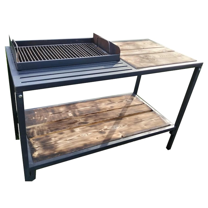 Grătar BGL FIER, metalic, 120x60cm, cu masă laterală din lemn, negru mat