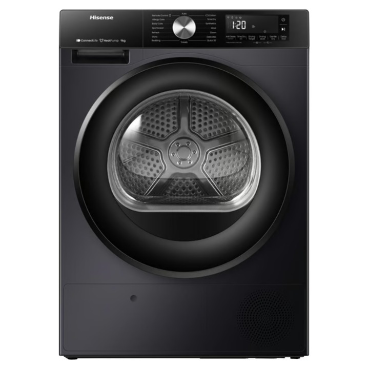 Uscător de rufe cu pompă de căldură Hisense, 9 kg, negru intens, dimensiuni 84, 5x59, 5x64 cm
