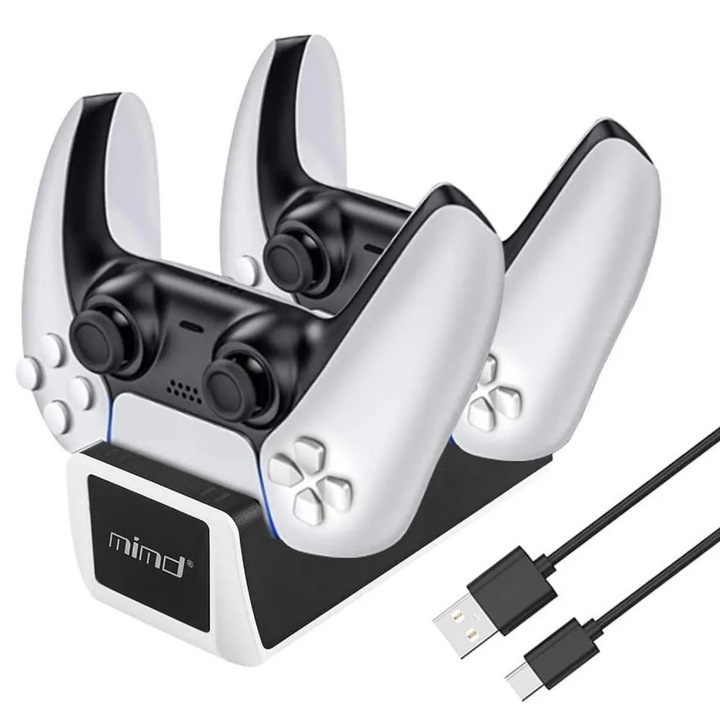 Statie de incarcare pentru controlere PS5, LuckyLu®, incarcare duala, 2 porturi USB, indicatori LED, alb-negru 14 x 6 x 5.5 cm