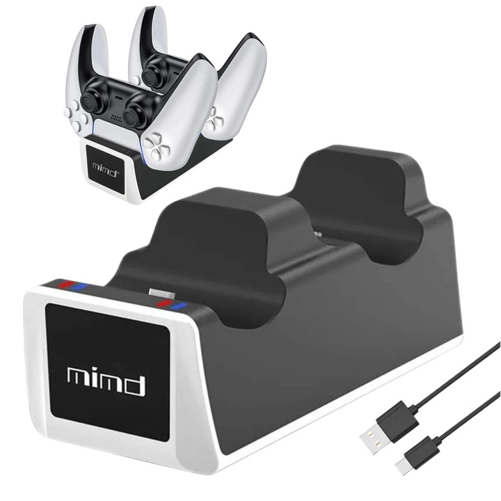 Dock dual de incarcare controller, LuckyLu®, compatibil cu PS5, cu indicator LED, alb-negru, 14 x 6 x 5.5 cm