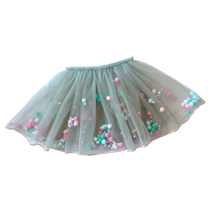 Fusta tulle accesorizata cu pompoane, Verde pal