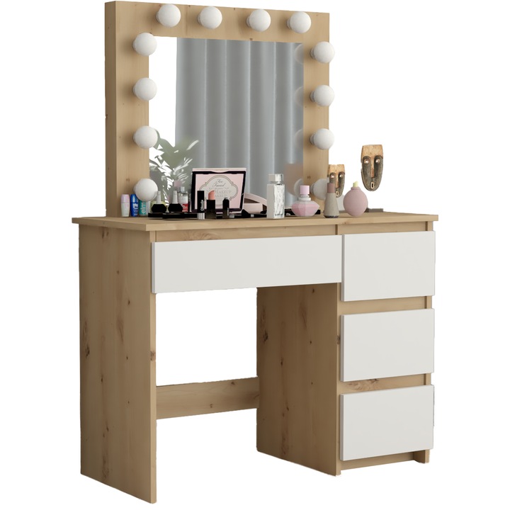 Fésülködőasztal sminkeléshez, tükörrel és 12x LED világítással, Artisan tölgy/fehér