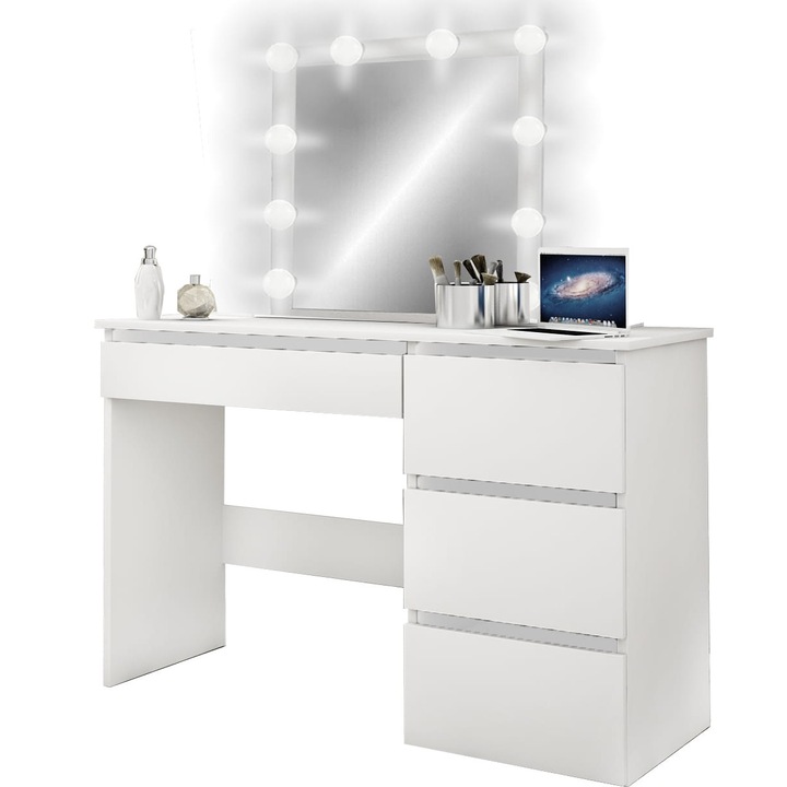 Masa de toaleta si machiaj Hollywood Kate 2, 4 sertare, alb, 75x94x43cm, oglinda 55x52cm, cu iluminare LED