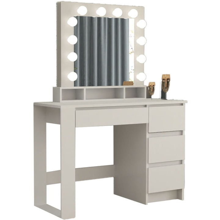 BETI LOFT WHITE sminkasztal, tükörrel és LED világítással, 4 fiókkal, fehér, 100x43x141cm