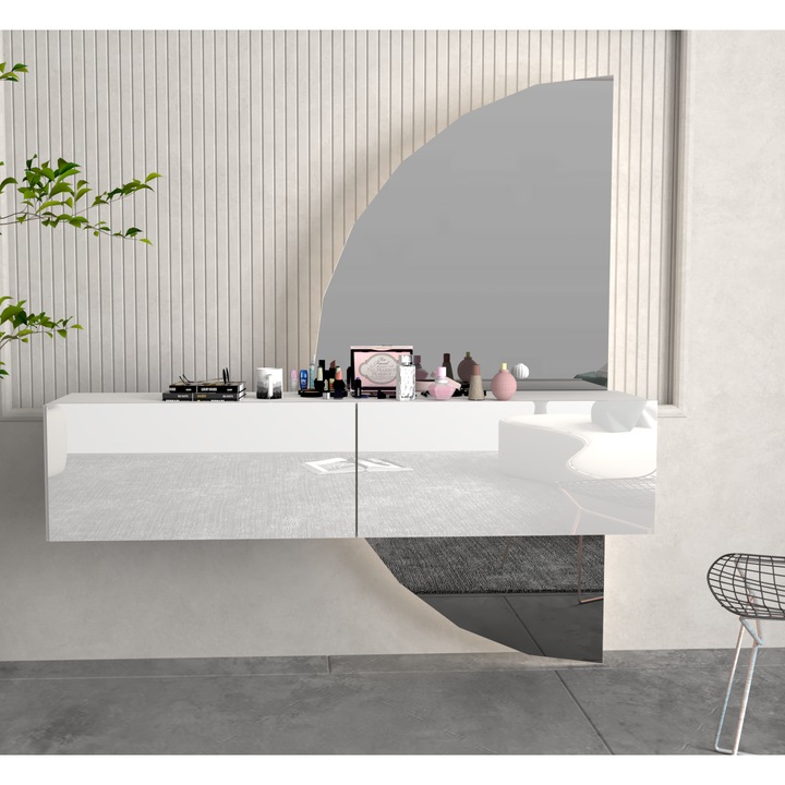 Masuta de toaleta pentru machiaj ZEN 100, alba, cu oglinda, 2 polite, fronturi lucioase, 100x40x36cm