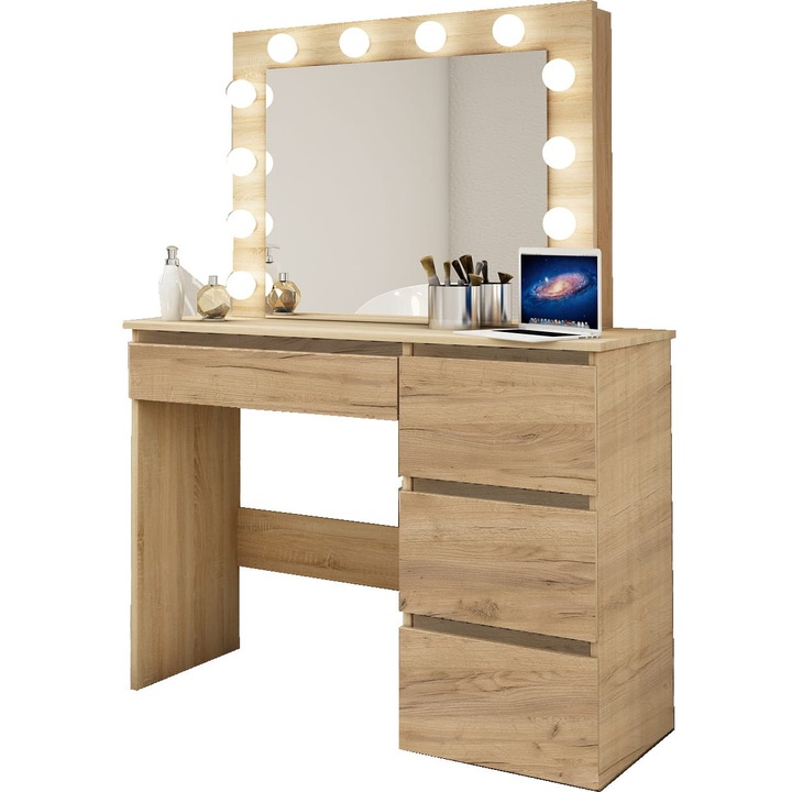 IGA sminkasztal, tükörrel és LED világítással, DAB WOTAN, 4 fiók, 12x E14, 94x43x141cm