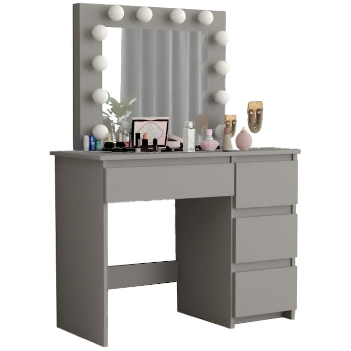 BETI4 sminkasztal, matt szürke, tükörrel és LED világítással, 4 fiókkal, 94x43x141cm