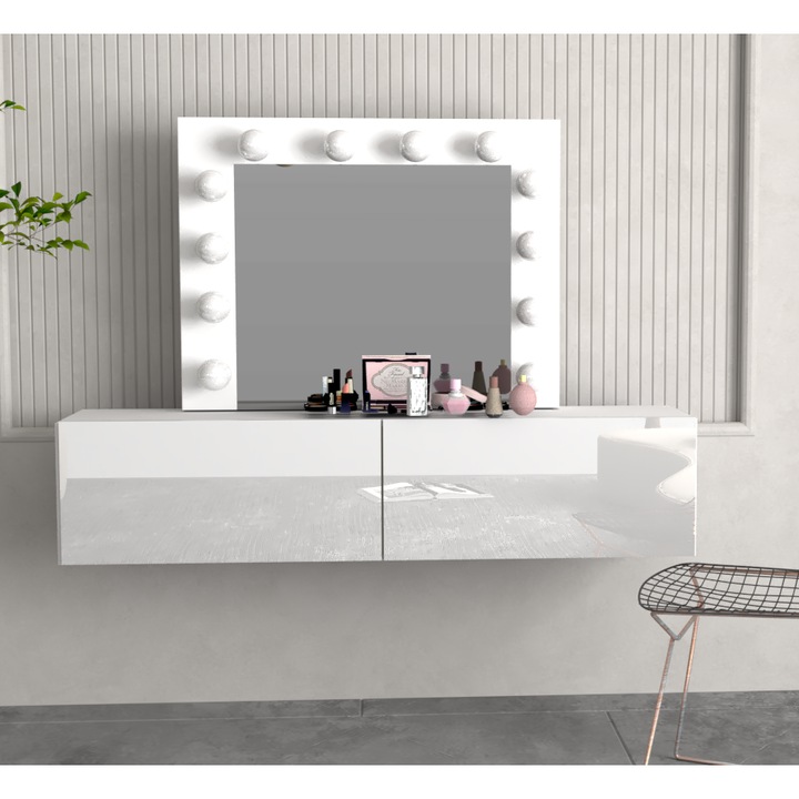 ZEN 100 sminkasztal, fehér, tükörrel, 2 polccal és LED világítással, 100x40x36cm