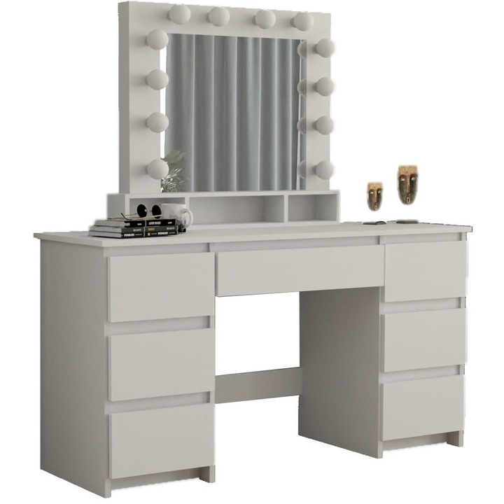 BETI7 sminkasztal, tükörrel és LED világítással, 7 fiókkal, fehér, 134x43x152cm