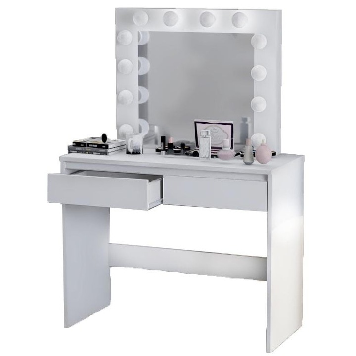 Masa de toaleta si machiaj Sachino, cu oglinda si iluminare LED, alb, 141x90x50cm, set 12 LED-uri