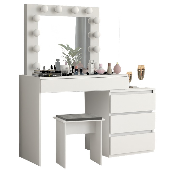 Német sminkasztal, tükörrel és 12x LED világítással, kárpitozott ülőkével, 116x79x35cm