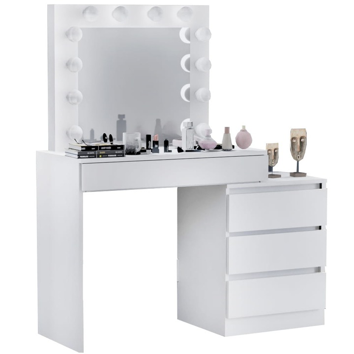 Masa de toaleta pentru machiaj BETI B, cu oglinda si iluminare LED, 12 becuri, alb, 116x35x79cm