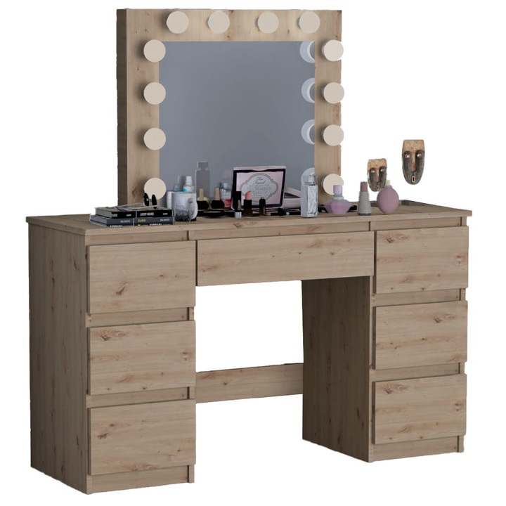 Beti7 sminkasztal, tükörrel és 12 LED izzóval, 7 fiókkal, 130x43x143cm, többszínű