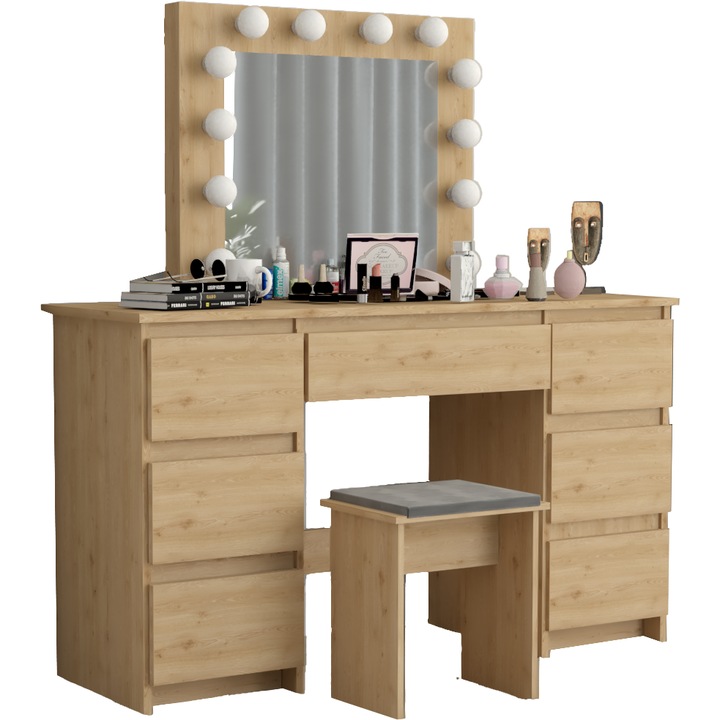 BETI7 sminkasztal, LED tükörrel és ülőkével, 7 fiókos, fehér, 130x43x143cm