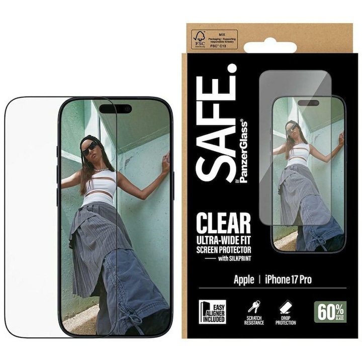 Folie sticla securizata SAFE by PanzerGlass Ultra-Wide Fit EasyAligner Black Frame compatibila cu iPhone 17 Pro, Negru