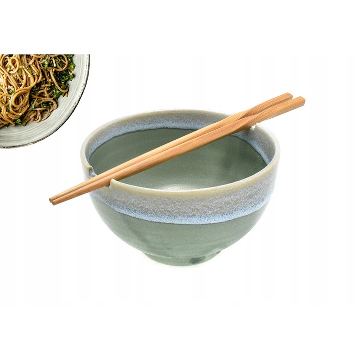 Set Bol Soba Green 500 ml cu Betisoare Bambus Twist, ceramica, 14x8cm, Japonia