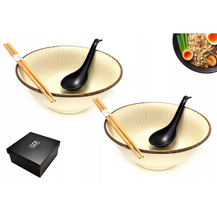 Set 2 Boluri Ramen Red Samurai Alb 22x9cm, cu Betisoare și Linguri