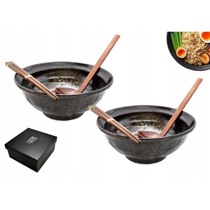Set 2 boluri pentru ramen Red Samurai Yuteki Kesshou 22 cm, ceramica, design japonez, incluzând betisoare și linguri