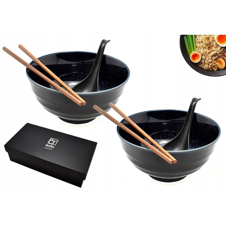 Set 2 boluri Udon Red Samurai, ceramica, 800ml, albastre, incluziune betisoare si linguri