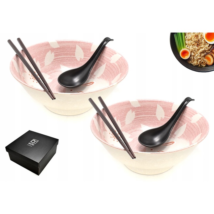 Set 2 boluri Ramen Red Samurai 1100 ml, portelan, diametru 21, 5 cm, cu betisoare și linguri