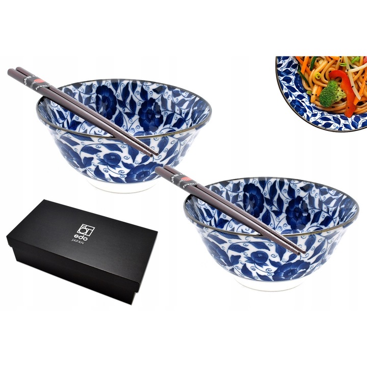 Set 2 boluri Katatsumuri Blue 400ml cu betisoare, portelan japonez, design floral albastru cobalt