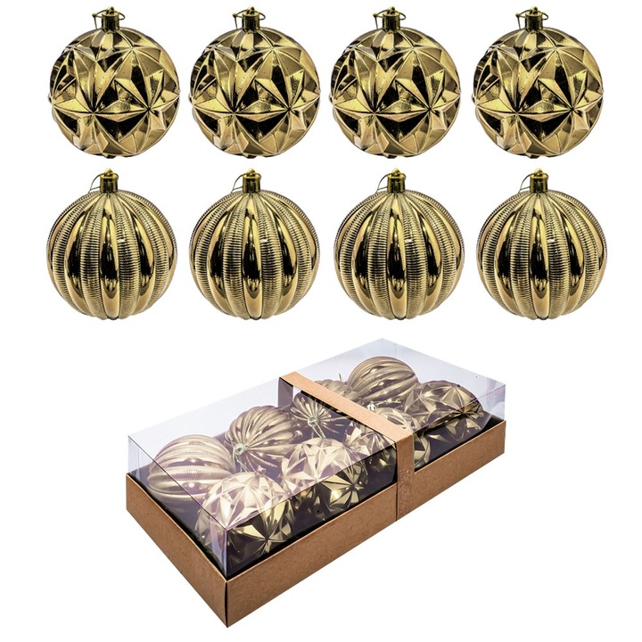 Set globuri Crăciun, 8 buc, aurii, 8x8cm, din plastic rezistent, cu diverse modele