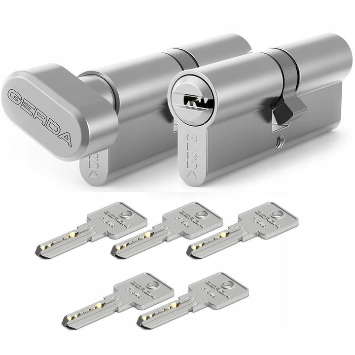 Set de cilindri Gerda H Plus 40/30 + 30/40, finisaj satinat, 6 pini, 5 chei