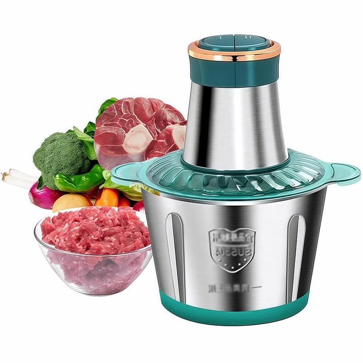 Masina de tocat carne Lingo, 3L, 1000W, din inox cu 2 viteze buton apasare 4 lame gradate functionare automata argintiu verde