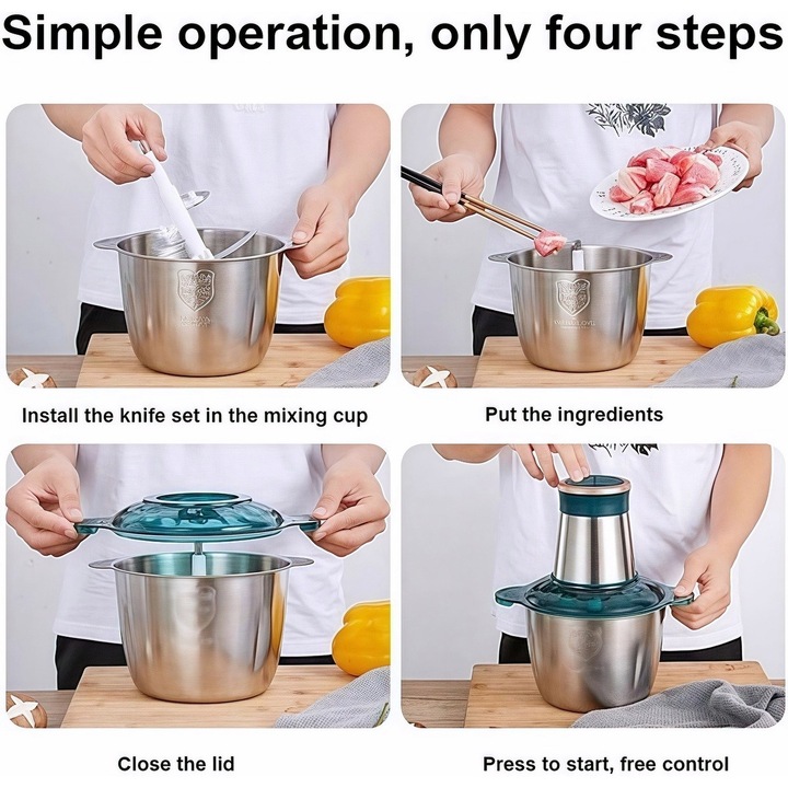 Masina de tocat carne Lingo, 3L, 1000W, din inox cu 2 viteze buton apasare 4 lame gradate functionare automata argintiu verde