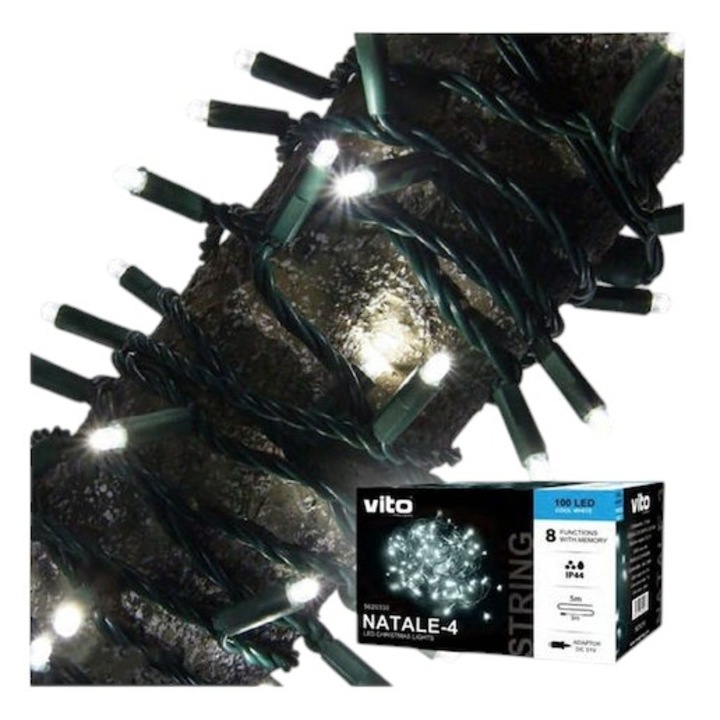 Коледни лампички Vito NATALE-4 STRING, 100LED, 5M, IP44, Бяла светлина, Зелен кабел