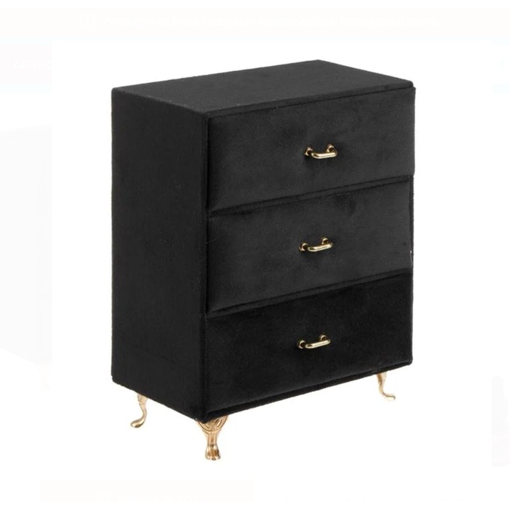 Cutie bijuterii HYVESTO, Velvet neagră, 3 sertare, design vintage elegant, 15x8x20 cm