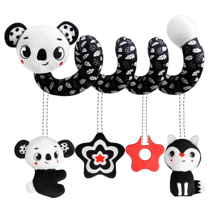 Jucarie spirala pentru carucior si patut, YSBER®, cu trei jucarii de plus, Dentiru, interactiva, Dezvoltarea simtului vizual/auditiv, + 0 luni, Alb/Negru