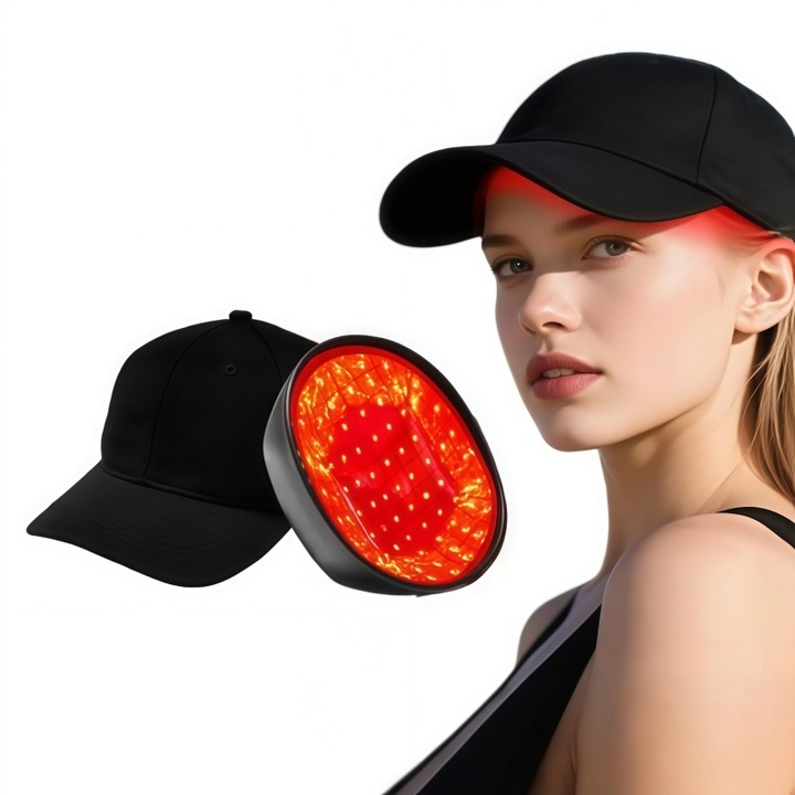 Sapca fototerapie par, AjieQaQ®, 108 LED-uri rosii 660nm, pentru regenerare si crestere par, tratament impotriva caderii parului, mod detasabil, cufa din plus, design ergonomic, sesiuni de 25 minute, control timer, portabil, Negru