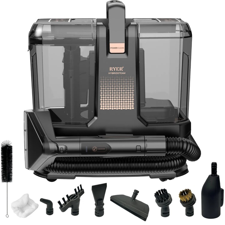 Aspirator Profesional cu Spalare RYER Hybridsteam 1800W, Injectie-Extractie si Abur la 100°, Curatator Covoare, Pete Textile, Canapele, Mobila si Saltele, Curatator cu Abur, 8 Accesorii, Eliminare Bacterii, Acarieni si Plosnite