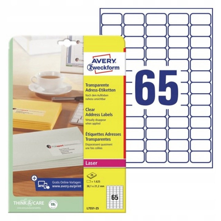 Etichete autoadezive transparente Avery, 38.1x21.2mm, set 1625 buc, rezistente la apă și UV