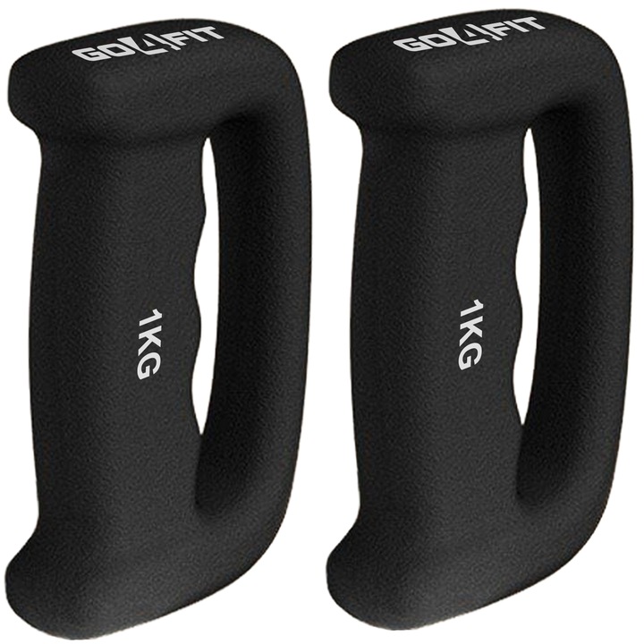 Set 2 Gantere Ergonomice GO4FIT®, 2kg, Fitness, Aerobic, Box si Shadow Boxing, Invelis Neopren Anti-alunecare, Design Compact, Negru